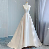 Chic Ball Gown V neckline Sleeveless Ivory Satin Long Wedding Dresses With Bow